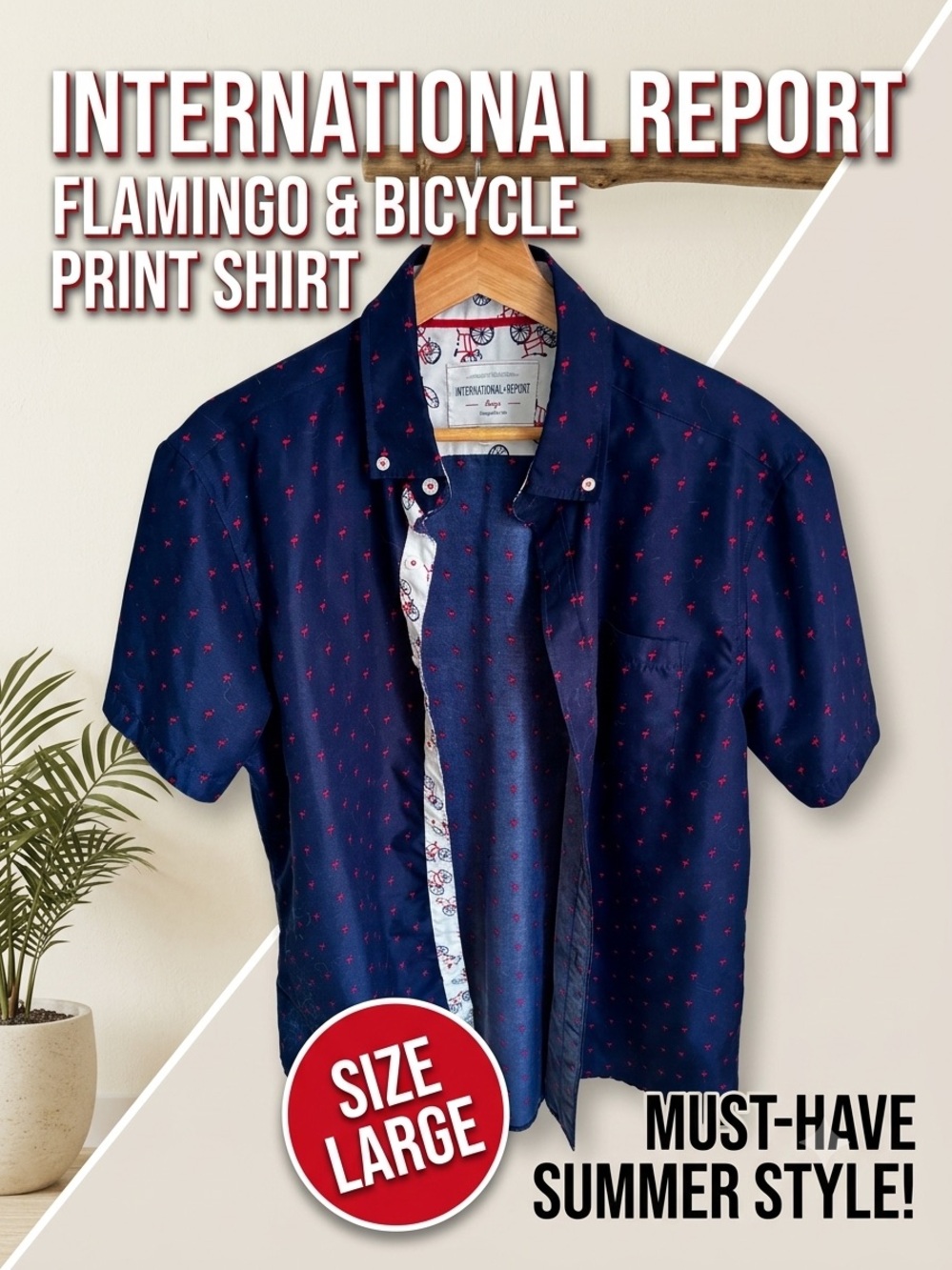 International Report Large Navy Pink Flamingo & Bicycle Print Button Down Shirt